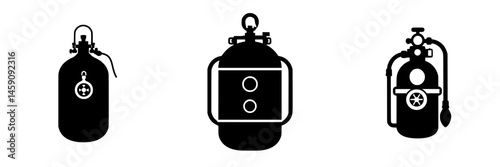 Flat black icon set of different styles of fire extinguishers for use in emergency response and safety graphics