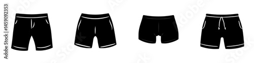 Variety of flat black shorts icons showcasing different styles for fashion representation and graphic design purposes