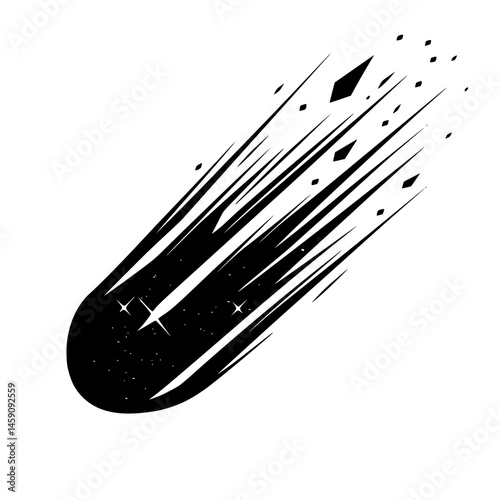 Black icon representing a comet streaking through space with trailing stars and debris for use in various designs