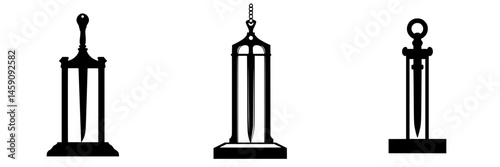 Multiple flat black sword icons showcasing elegant designs like traditional daggers set in display stands for a curated collection