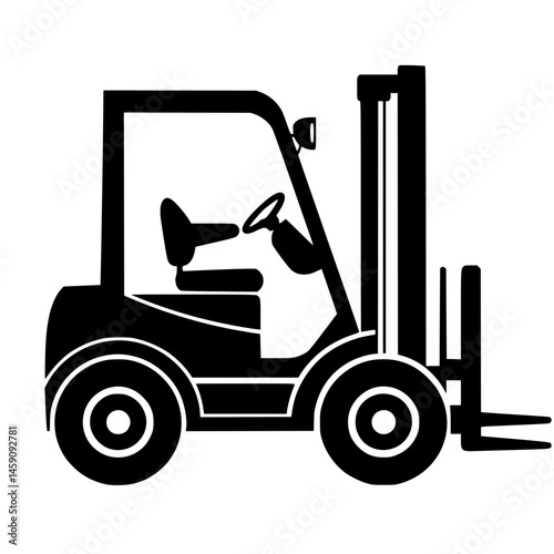 Flat black forklift icon representing material handling equipment commonly used in warehouses and construction sites