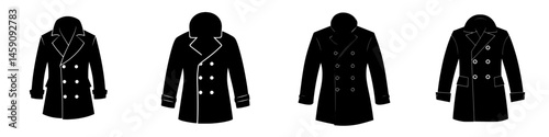 Collection of flat black coat icons showcasing various designs and styles suitable for cold weather