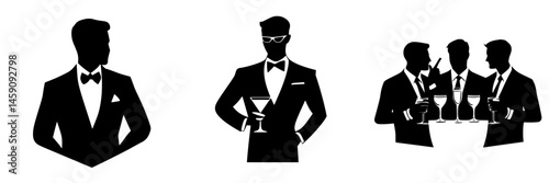 Elegant black icons representing sophisticated men in formal attire at a social gathering or event