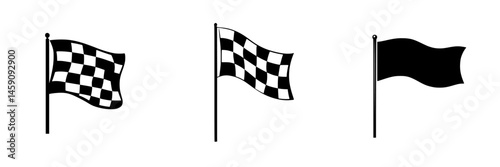 Flags used in racing events showcasing checkered and solid black designs for signaling purposes
