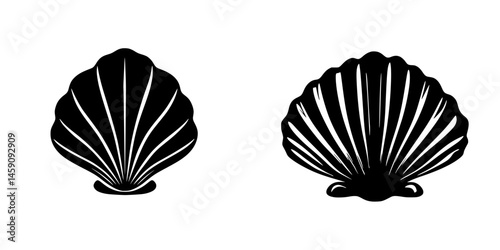 Black flat icon of decorative scallop shells, featuring distinct patterns and shapes, ideal for design elements or artistic projects