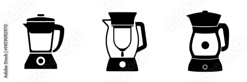 Flat black kitchen appliance icons featuring a blender, coffee maker, and kettle for versatile cooking use