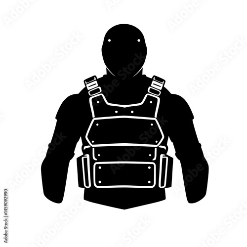 Black icon of a person in tactical gear showcasing a strong silhouette with visible armor details for security themes