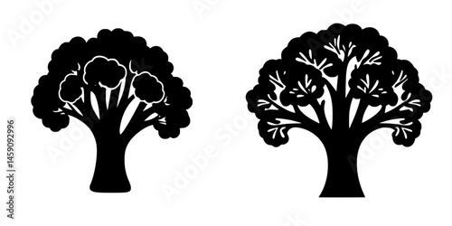 Detailed flat black tree icon designs showcasing a variety of tree shapes and styles for graphic use