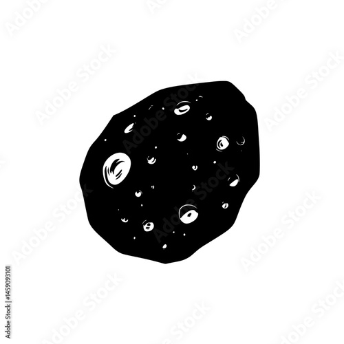 Black icon of a rocky celestial body depicting an asteroid in space with various crater details and a flat design aesthetic