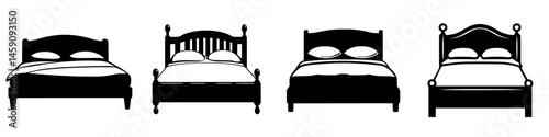 Collection of flat black icons representing various bed designs suitable for interior decoration and furniture apps