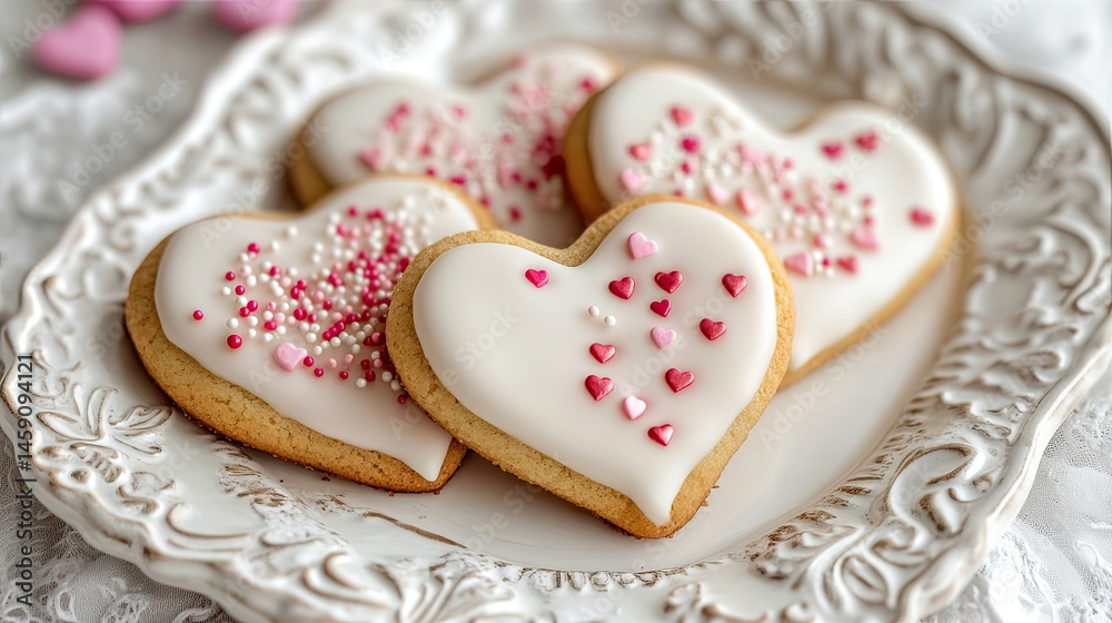 Heart-shaped cookies with white icing and sprinkles Heart-shaped cookies with white icing and sprinkles
