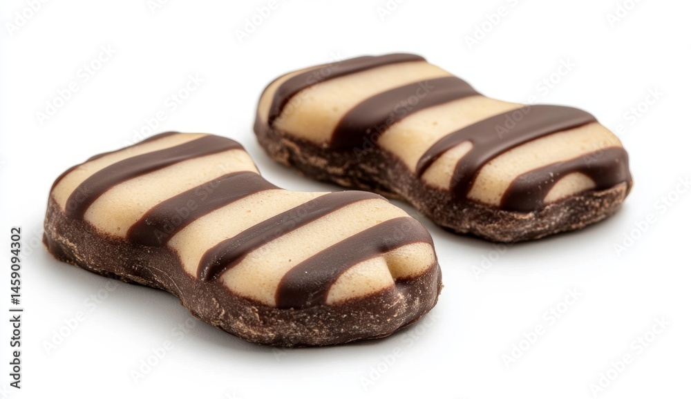 Two striped cookies, chocolate and light colored, isolated on white background. Decorated with alternating dark and light chocolate stripes Two striped cookies, chocolate and light colored, isolated on white background. Decorated with alternating dark and light chocolate stripes