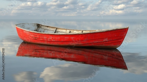Red boat on placid water