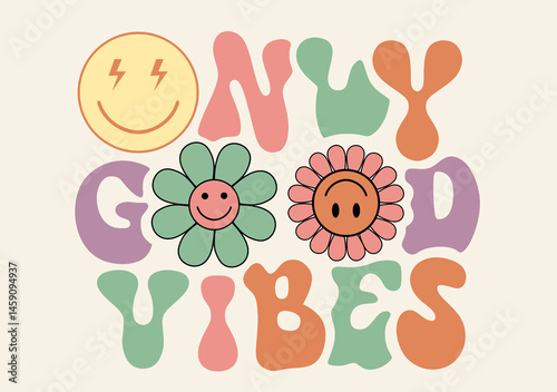 A cute clip art style logo inspired by retro hippie themes features flowers and smiley faces along with the text 