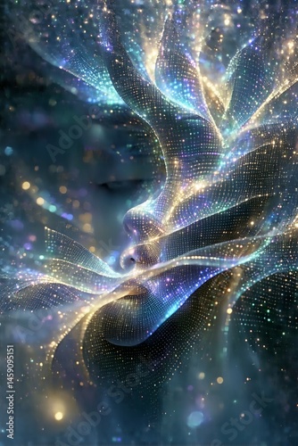 A captivating representation of light flowing through space, creating an ethereal form that resembles a dreamlike consciousness. The shimmering particles and soft curves evoke a sense of mystery, ener