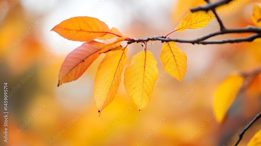 Close-up of autumn leaves on a branch, showcasing vibrant yellow and orange hues against a blurred background of similar colors. The leaves exhibit delicate veins and textures, sugges : Generative AI Close-up of autumn leaves on a branch, showcasing vibrant yellow and orange hues against a blurred background of similar colors. The leaves exhibit delicate veins and textures, sugges : Generative AI