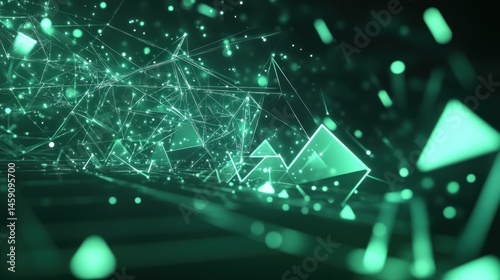 Abstract digital network. Emerald green geometric shapes