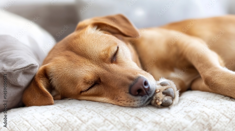 Obraz premium A light brown puppy dog peacefully sleeps on a soft, beige textured blanket, its paws tucked gently beneath its head. The dog's eyes are closed, showcasing a serene and restful moment : Generative AI