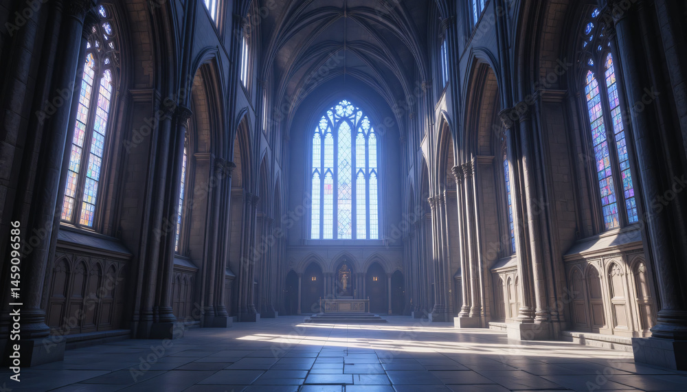 Grand hall with arched windows glow Grand hall with arched windows glow