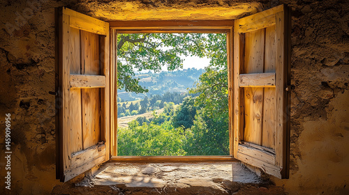 Open casement window with a view of the beautiful garden

