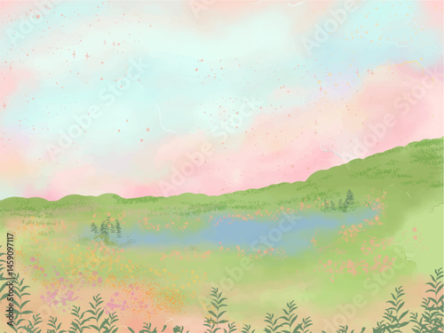 cute abstract watercolor illustration of colorful soft pastel dreamy with cloud blue sky, flower garden field, meadow hill scenery background wallpaper