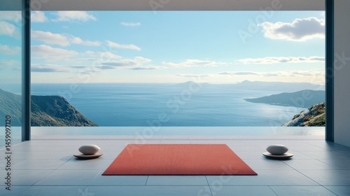 Yoga mat in a tranquil space with ocean view