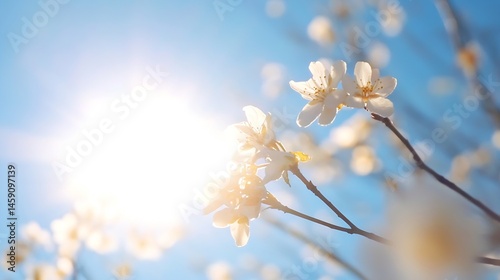 Sunlit white blossoms on a branch against a vibrant blue sky, creating a serene and peaceful springtime scene.  The delicate petals and gentle sunlight evoke feelings of warmth and ren : Generative AI