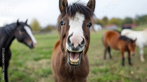 Playful brown horse with white blaze, open mouth, showing teeth, in a green pasture with other horses blurred in the background.  A cheerful equine scene. : Generative AI