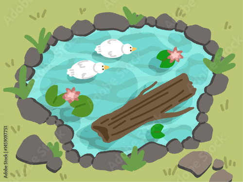 cute abstract watercolor illustration of colorful water pond with stone, duck, water lily meadow scenery background wallpaper