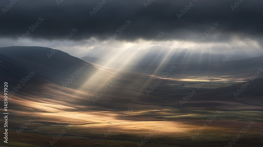 Dramatic sunlight bursting through storm clouds over hills Dramatic sunlight bursting through storm clouds over hills