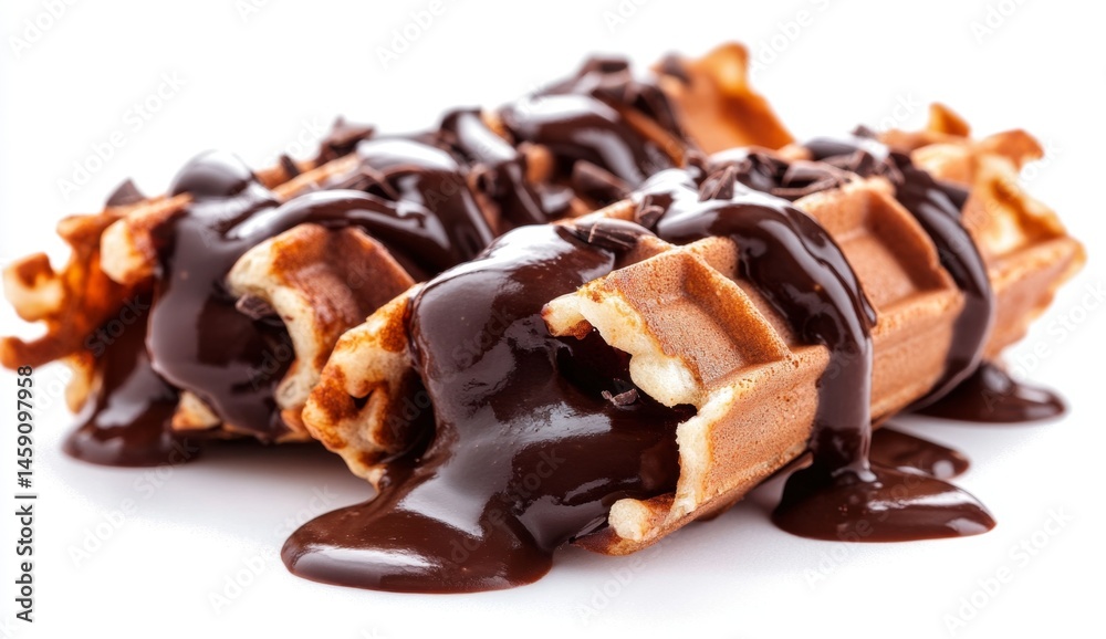 Chocolate-dipped waffles, close-up. Crispy, light-brown waffles coated in rich, dark chocolate Chocolate-dipped waffles, close-up. Crispy, light-brown waffles coated in rich, dark chocolate