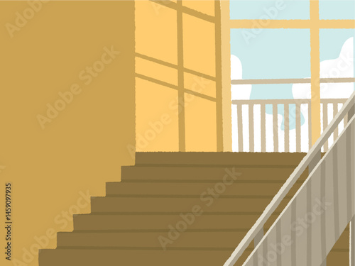 cute abstract watercolor illustration of colorful soft pastel building interior, stairs, golden hour scenery background wallpaper