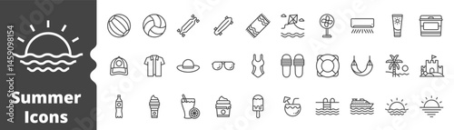 Summer icons . Holiday and Beach web icons in line style. Travel, Vacation, Sunglasses ice cream, Sunscreen, Ship Sea. Pixel Perfect Design Icon Pictogram Collection Vector illustration.