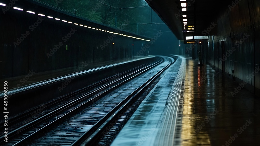 Fototapeta premium Rainy night at a deserted train station platform, dark and moody atmosphere, wet rails reflecting lights, empty platform, urban scene. : Generative AI