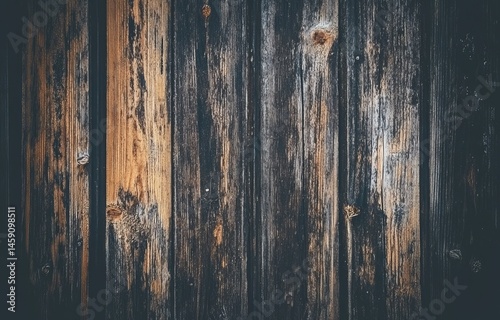 Close-up view of weathered wooden planks, showing variations in dark brown and light brown tones.  Wooden panels display signs of age and use, with visible wood grain and texture, and some nail holes