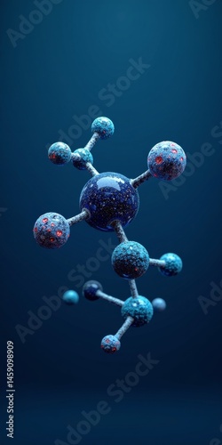 Blue molecular structure with red accents set against a dark blue background