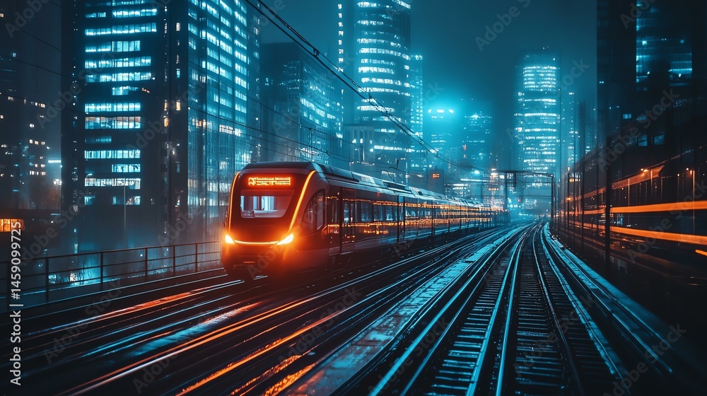 Fototapeta premium A high-speed train navigating through a vibrant, illuminated cityscape at night.