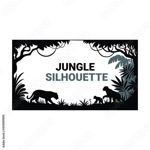 Silhouette of jungle scene with wild animals and foliage, framed by trees, peaceful nature illustration in black and white style.