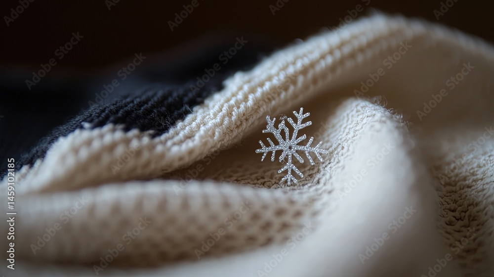 Fototapeta premium Closeup view of a delicate snowflake on knit fabric.