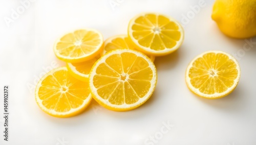 Vivid fresh lemon slices displayed on white surface,  fresh healthy eating & natural food photography concept