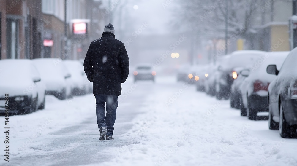 Obraz premium A lone man walks down a snow-covered street during a blizzard, cars parked on either side are covered in a thick layer of snow, creating a winter wonderland scene. : Generative AI