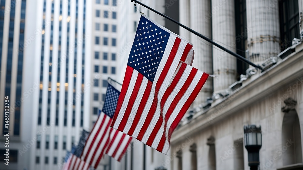 Fototapeta premium American flags gently waving in front of a modern skyscraper and classic building in a city setting, showcasing a blend of architectural styles and patriotism. : Generative AI