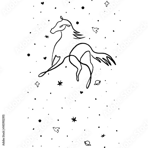 minimalist line drawing of a horse surrounded by stars and space elements, symbolizing freedom, imagination, and cosmic connection, ideal for creative and whimsical projects