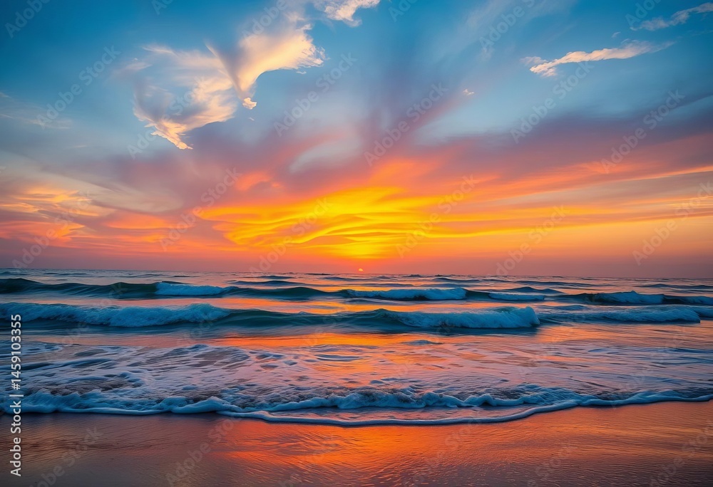 Fototapeta premium Vibrant sunset hues paint Karachi beach sky, waves gently lapping shore, serene, summer