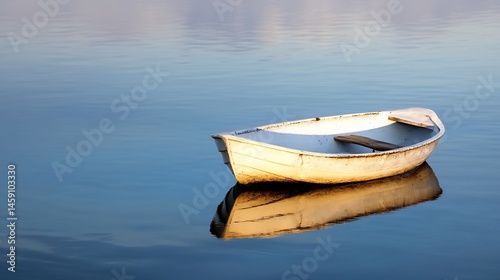A weathered white dinghy rests gently on calm, blue water, its reflection mirroring the tranquil scene at sunset. The small wooden boat appears peaceful and serene. : Generative AI