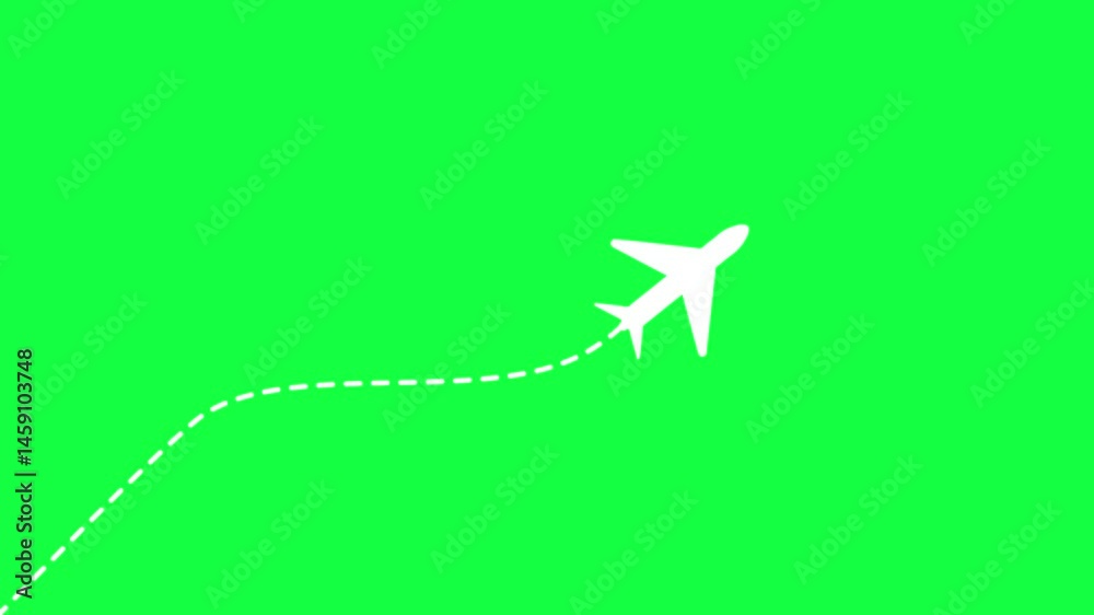 Cartoon animation of an airplane and a dotted flight line on a chroma-key background
