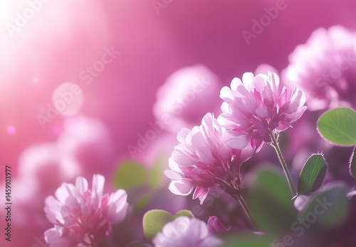 Delicate pink clover flowers in soft sunlight.  Close-up view of blossoms photo