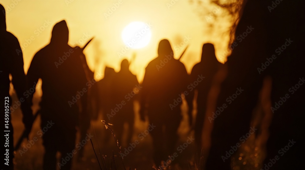 Fototapeta premium Silhouetted figures walking at sunset, carrying weapons, creating a mysterious and dramatic scene. The warm light of the setting sun casts long shadows, enhancing the mood. : Generative AI