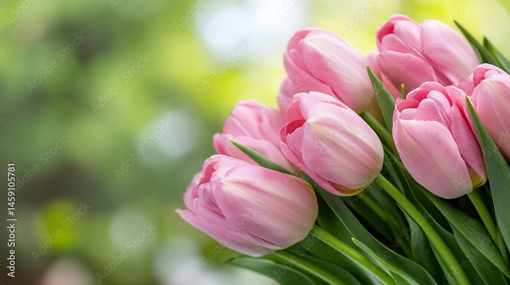 Obraz premium Close-up view of a bouquet of delicate pink tulips, their petals softly illuminated, set against a blurred green background suggesting a springtime garden. : Generative AI