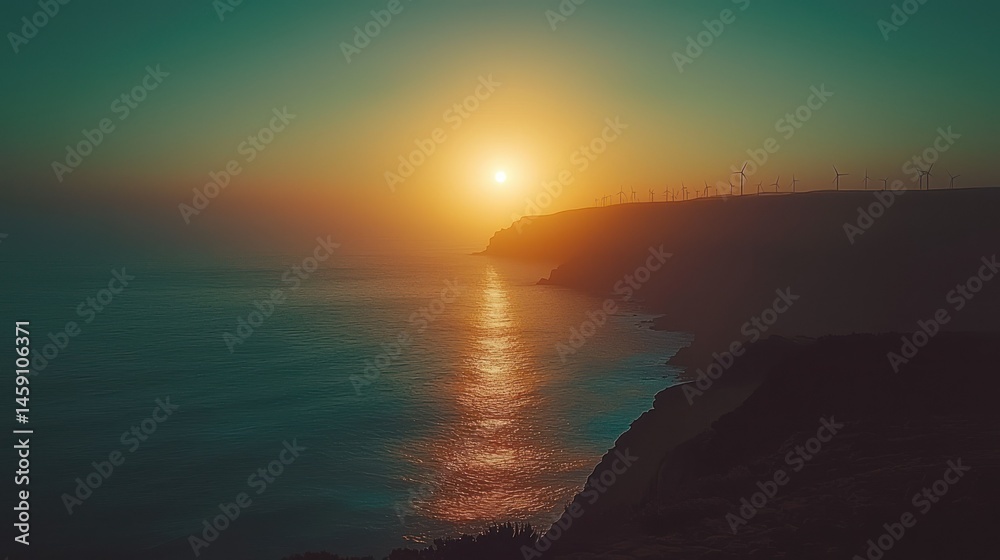 Fototapeta premium Coastal serenity: Vibrant sunset mirroring on tranquil ocean with silhouette shoreline